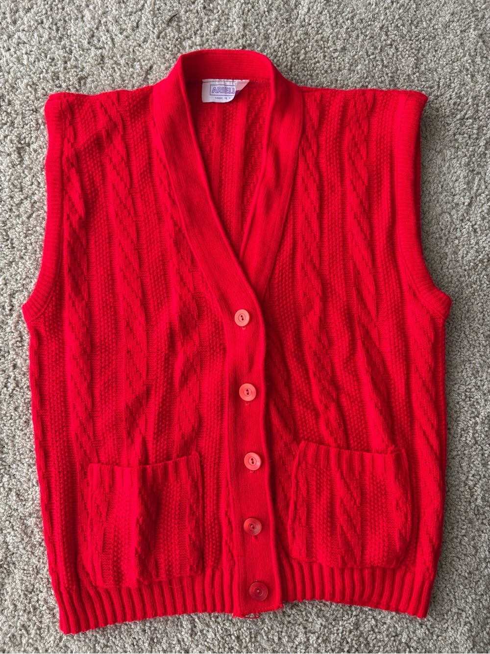 Vintage Arielle Red Cable-Knit Button Vest with Patch Pockets